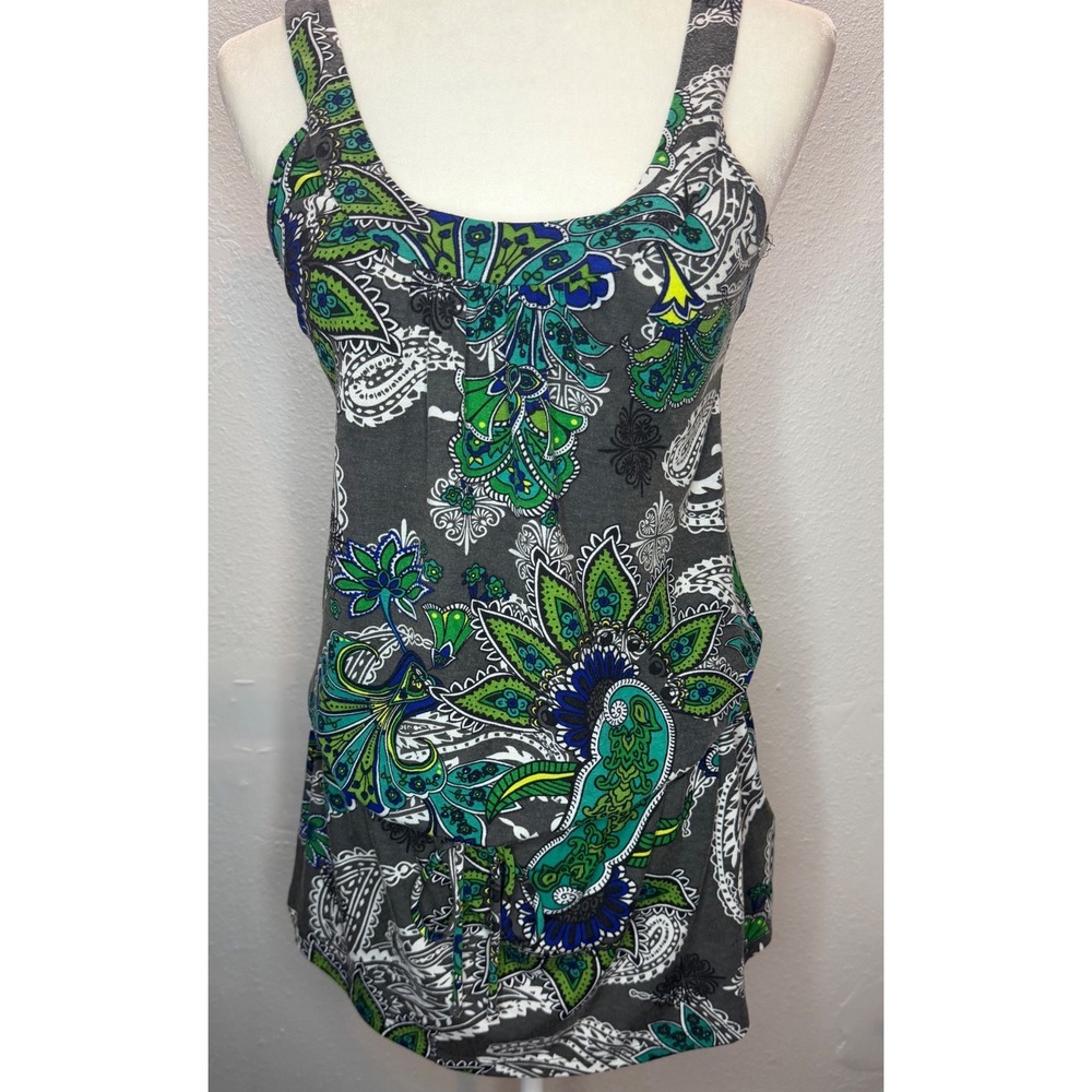 Decree Y2K Paisley Tank Top Womens M Gray Blue Green Racerback Cutout Stretch